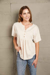 Double Take Buttoned Notched Neck Short Sleeve Top Blouses - Tophatter Daily Deals