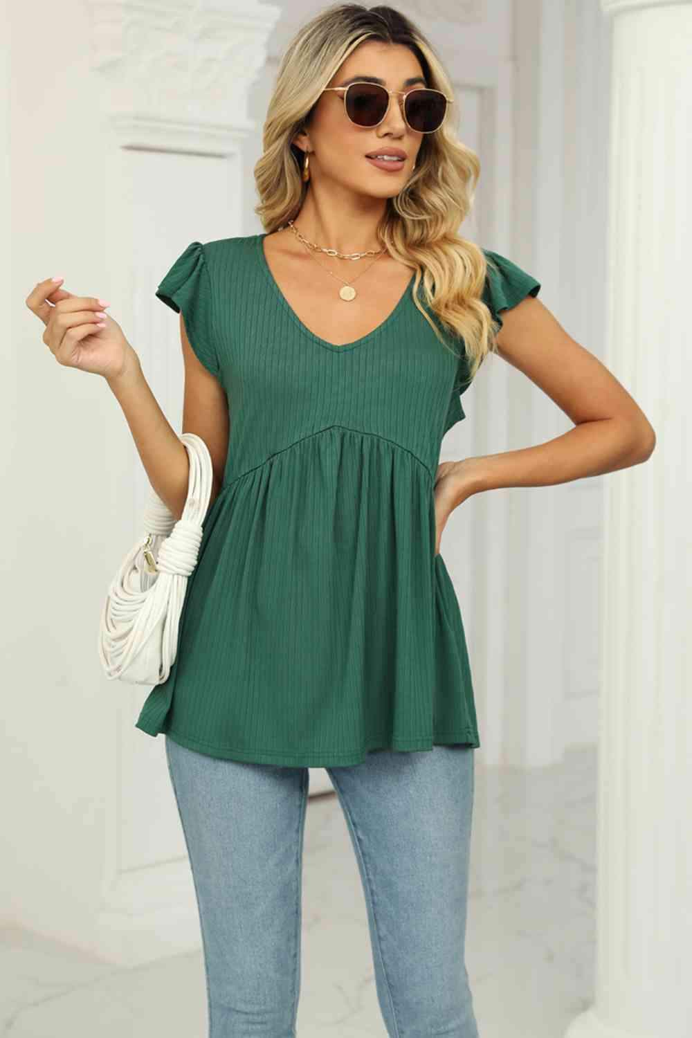 V-Neck Flutter Sleeve Babydoll Blouse Blouses - Tophatter Daily Deals