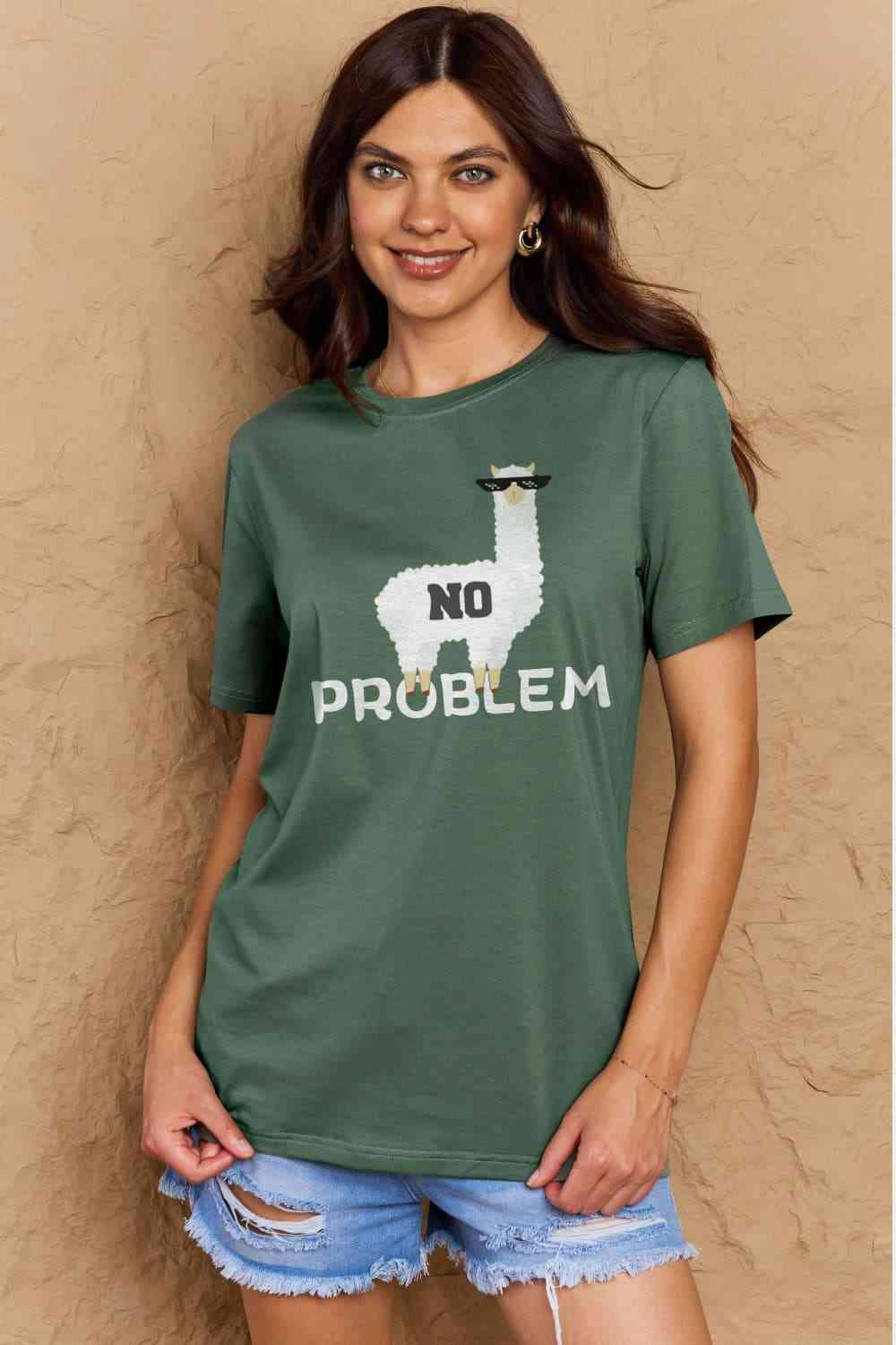 Simply Love Full Size NO PROBLEM Graphic Cotton Tee Green Women's T-Shirts - Tophatter Daily Deals