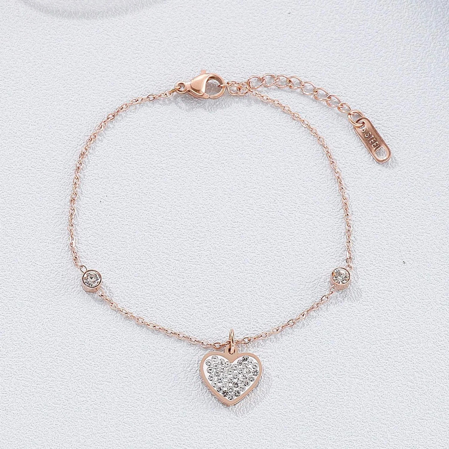Inlaid Rhinestone Titanium Steel Heart Bracelet Rose Gold One Size Bracelets - Tophatter Daily Deals