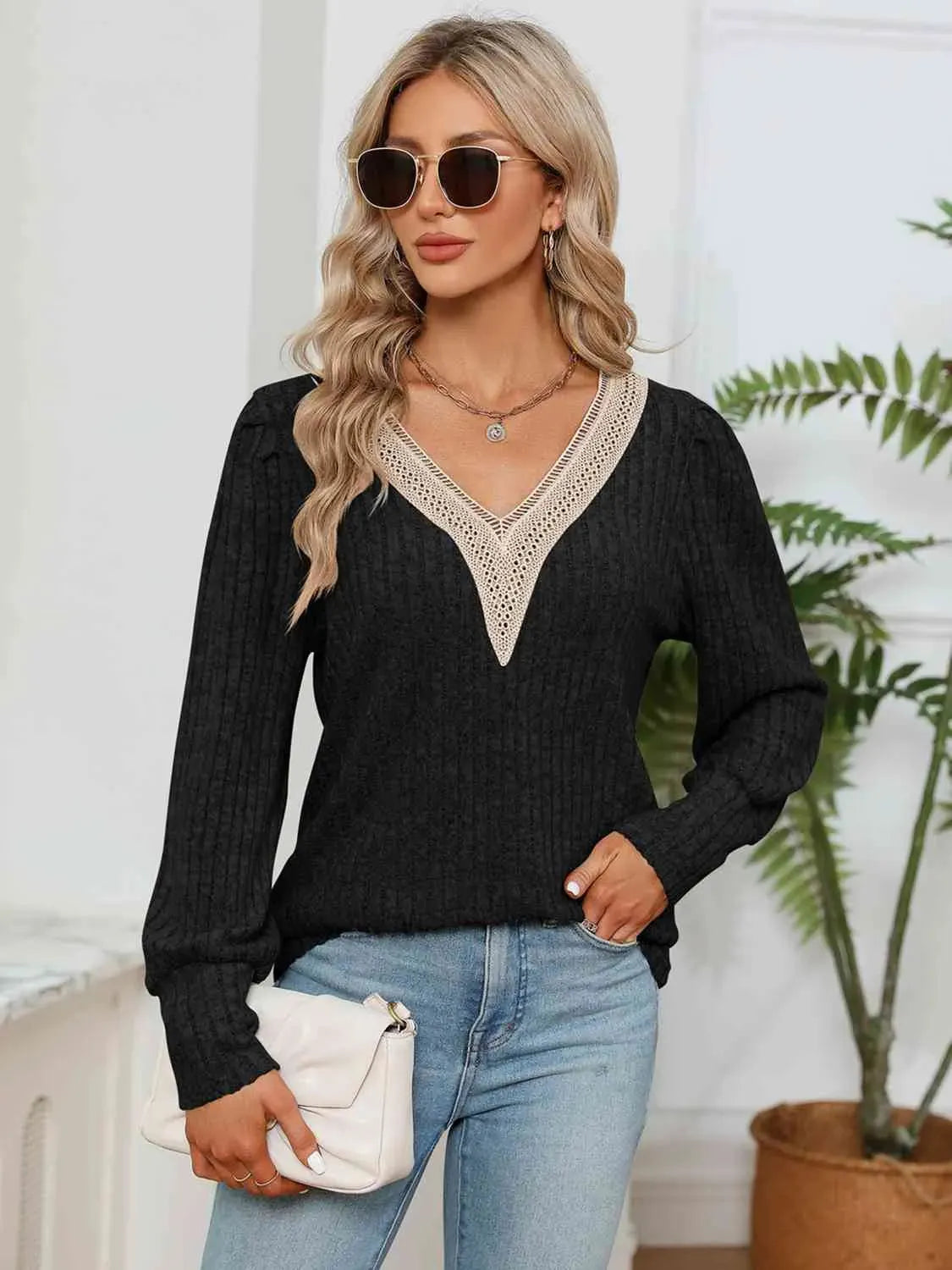 Lace Detail V-Neck Ribbed Blouse Black Blouses - Tophatter Daily Deals