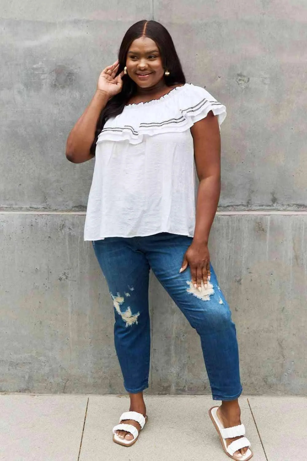 ODDI Full Size Off The Shoulder Ruffle Blouse Blouses - Tophatter Daily Deals