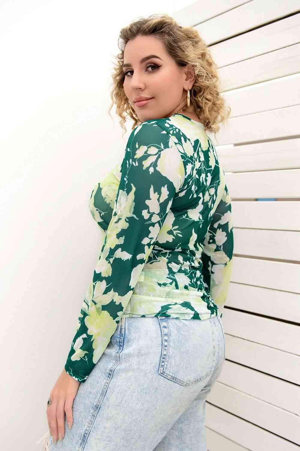 Plus Size Printed Round Neck Long Sleeve Blouse Blouses - Tophatter Daily Deals