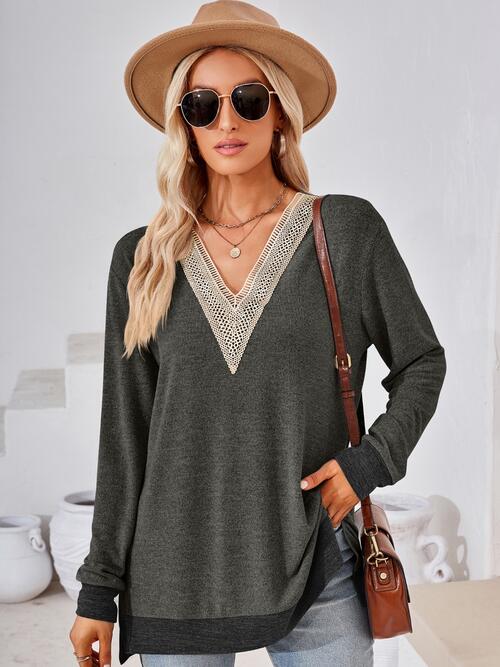 Crochet Contrast V-Neck Long Sleeve Slit T-Shirt Women's T-Shirts - Tophatter Daily Deals