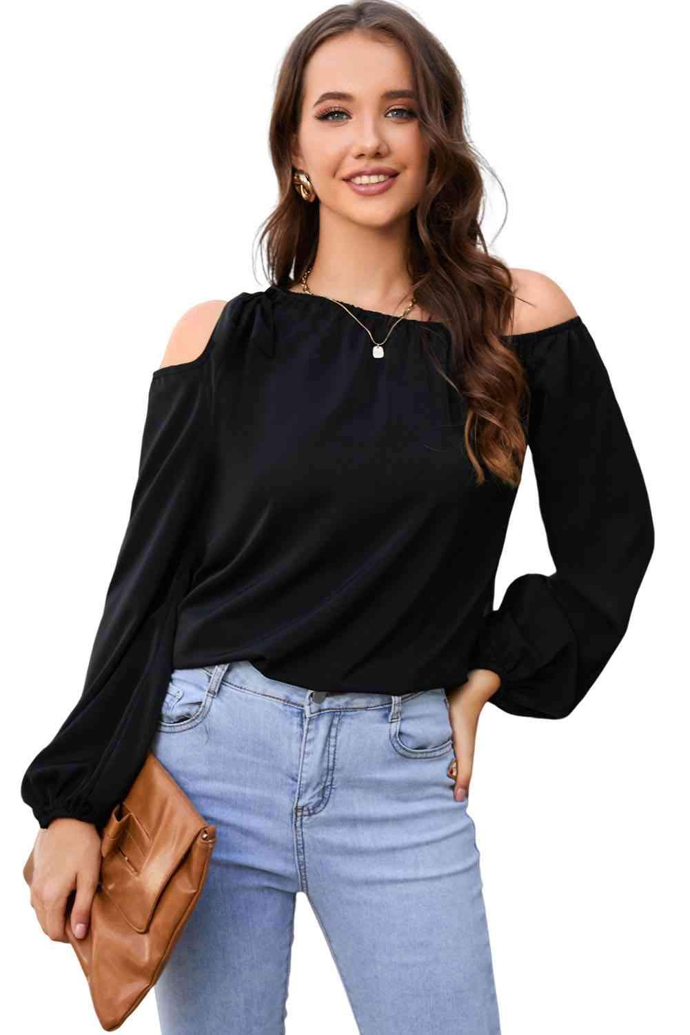 Double Take Tied Asymmetrical Neck Cold-Shoulder Blouse Blouses - Tophatter Daily Deals