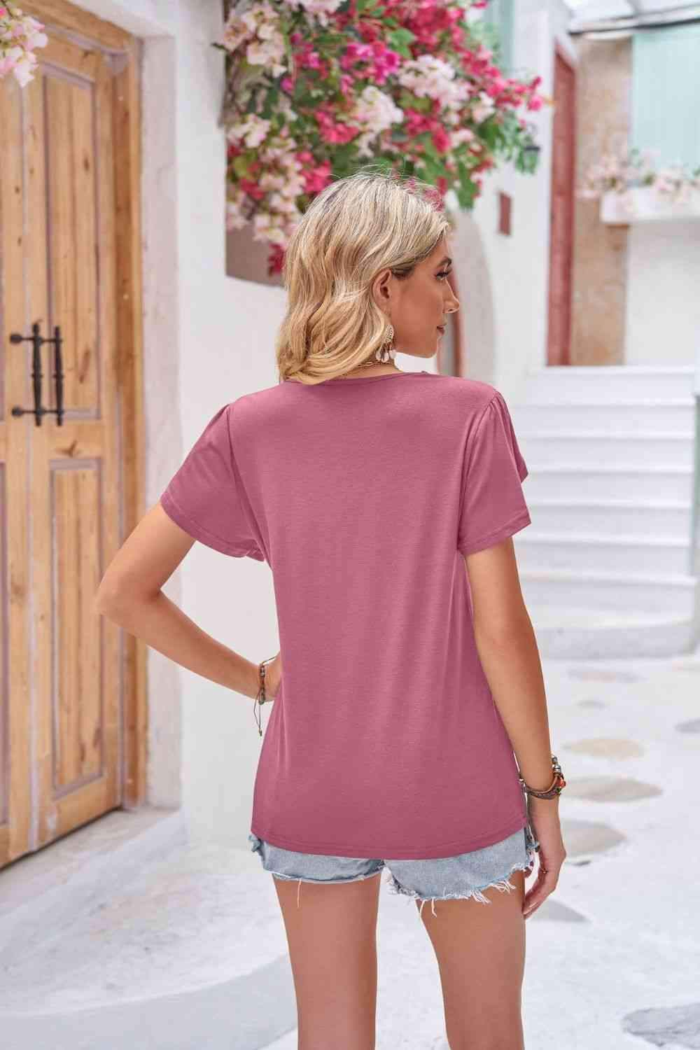 Contrast V-Neck Petal Sleeve Top Blouses - Tophatter Daily Deals