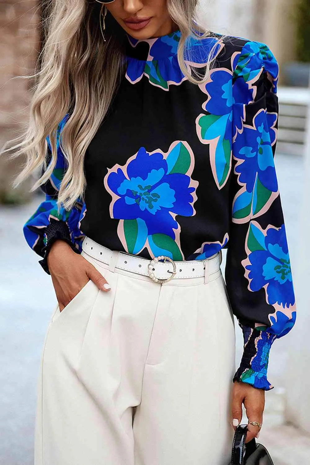 Printed Smocked Puff Sleeve Blouse Blouses - Tophatter Daily Deals