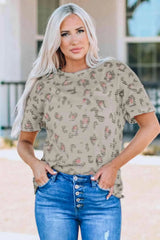 Animal Print Waffle Knit Short Sleeve Top Blouses - Tophatter Daily Deals