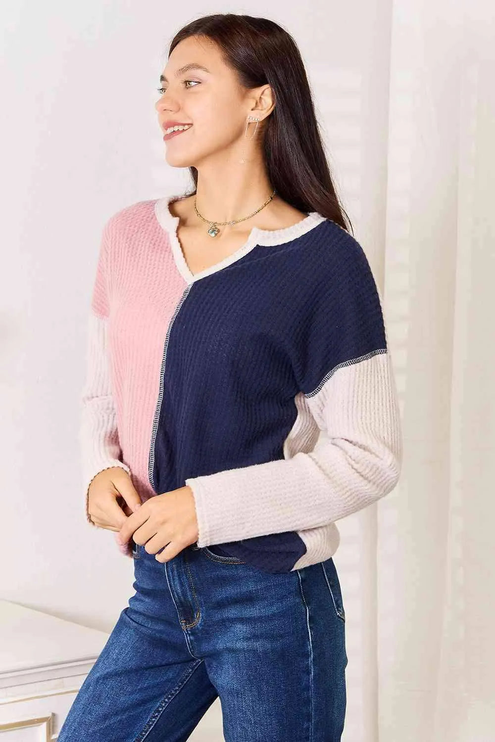Heimish Full Size Solid Color Block Contrast Top Blouses - Tophatter Daily Deals