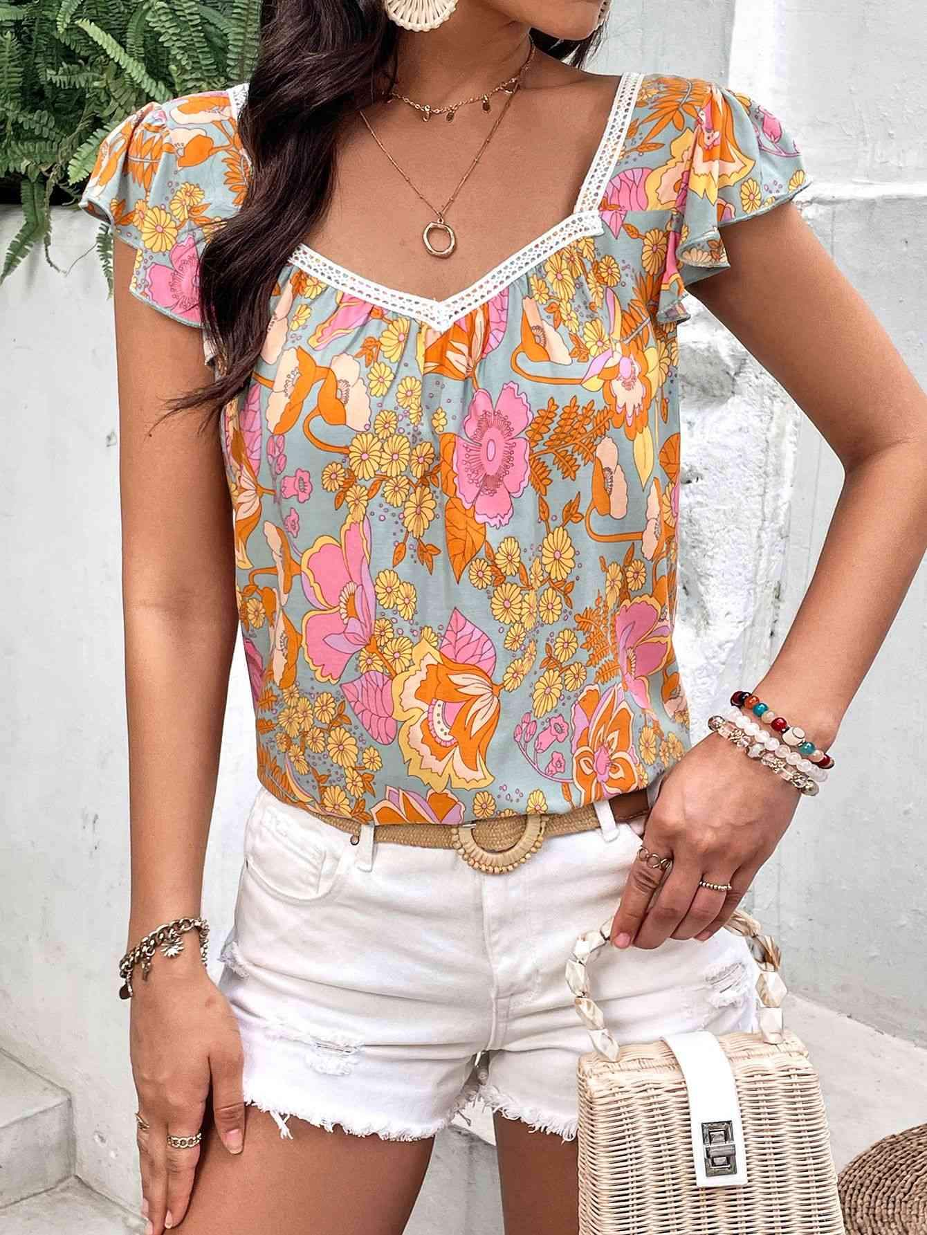 Floral Square Neck Flutter Sleeve Blouse Blouses - Tophatter Daily Deals