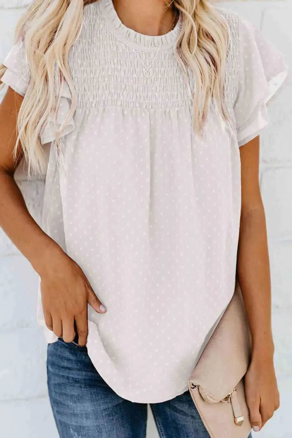 Layered Flutter Sleeve Smocked Blouse White Blouses - Tophatter Daily Deals