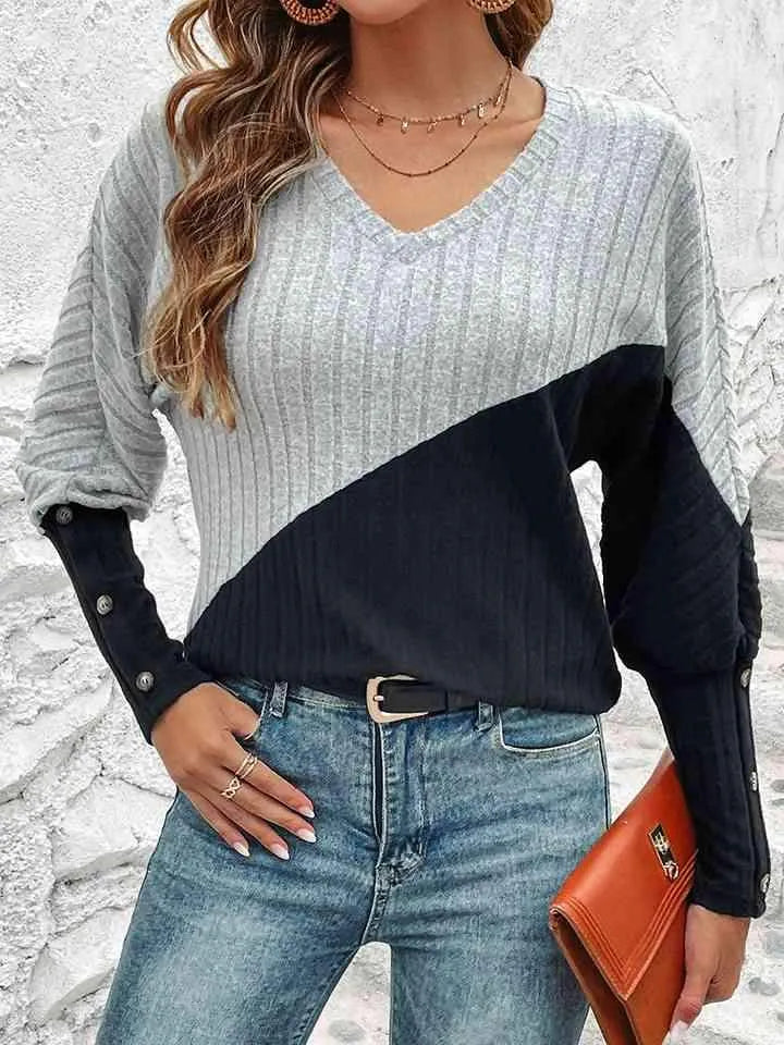 Contrast Buttoned V-Neck Blouse Light Gray Blouses - Tophatter Daily Deals