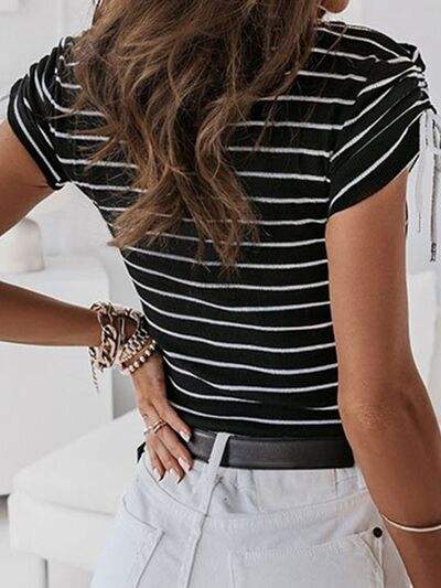 Striped Round Neck Drawstring Short Sleeve T-Shirt Women's T-Shirts - Tophatter Daily Deals