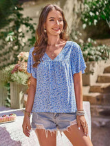 Printed Flutter Sleeve V-Neck Blouse Cobalt Blue Blouses - Tophatter Daily Deals