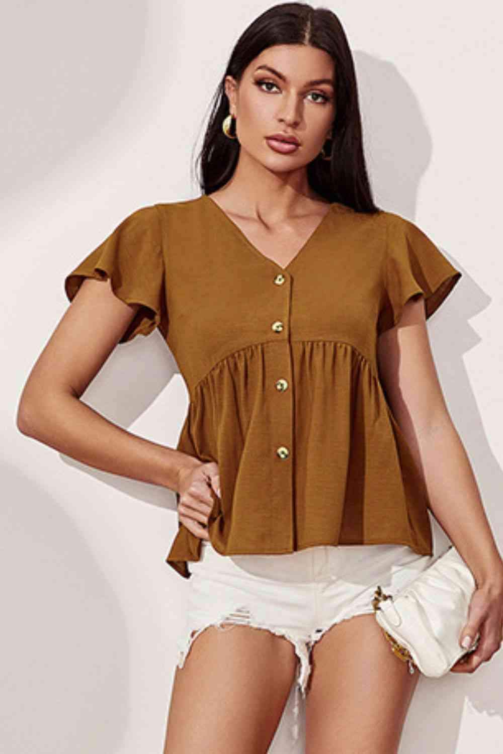 Button Front Flutter Sleeve Babydoll Blouse Brown Blouses - Tophatter Daily Deals