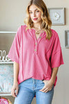 Heimish Full Size Ribbed Half Button Drop Shoulder Top HOT PINK Blouses - Tophatter Daily Deals