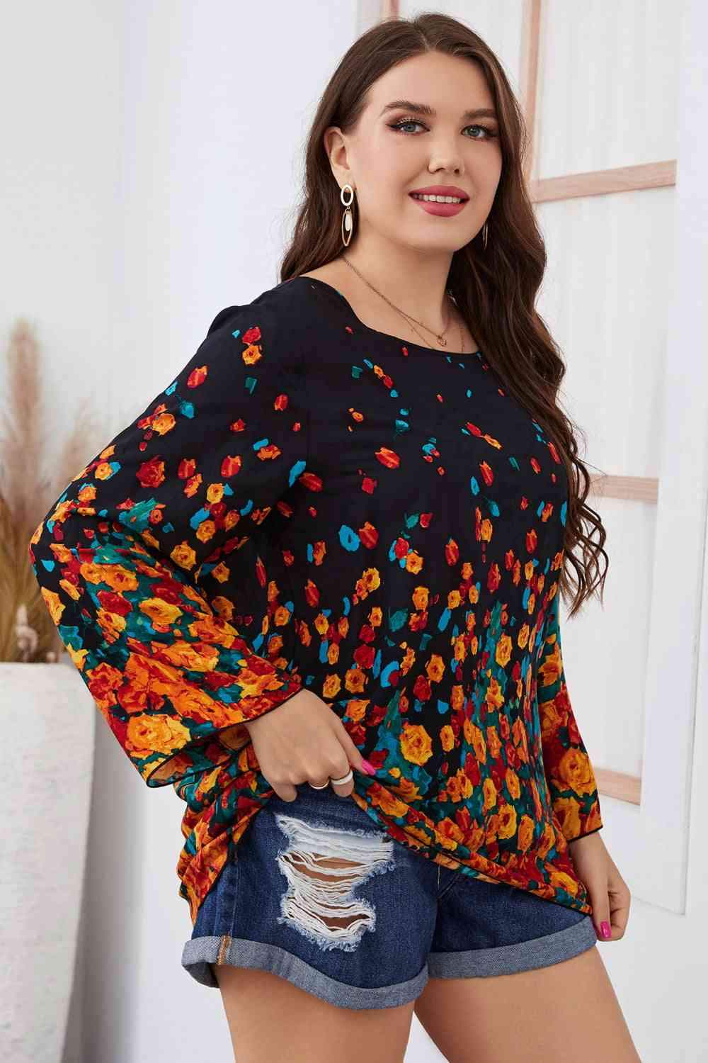 Melo Apparel Plus Size Floral Round Neck Long Sleeve Blouse Blouses - Tophatter Daily Deals