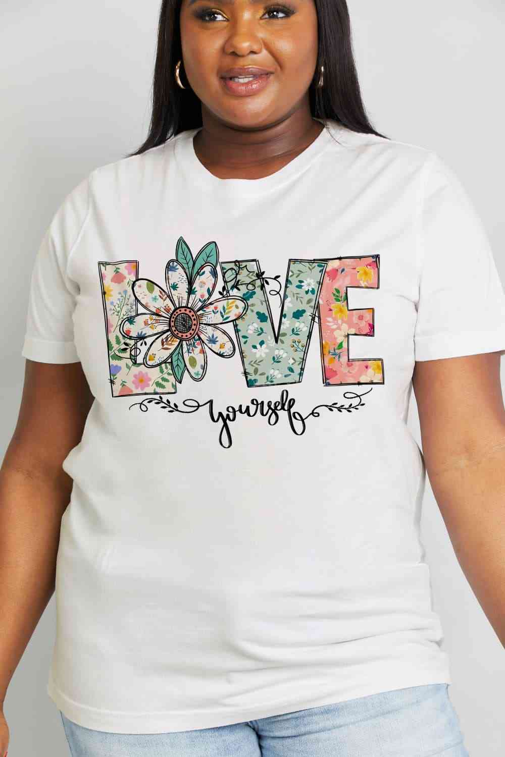 Simply Love Full Size LOVE YOURSELF Graphic Cotton Tee Women's T-Shirts - Tophatter Daily Deals