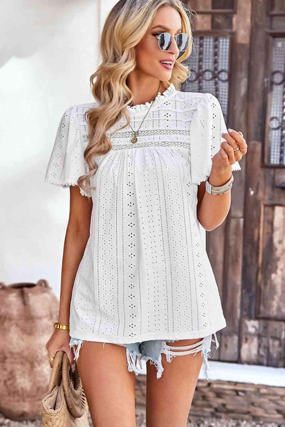 Frill Trim Round Neck Eyelet Puff Sleeve Blouse Blouses - Tophatter Daily Deals