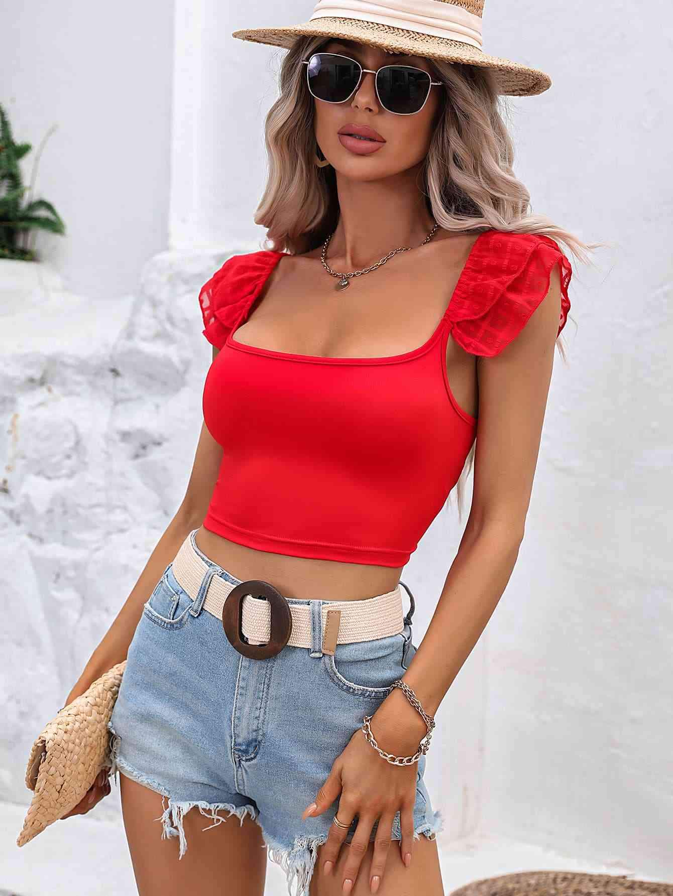 Square Neck Cap Sleeve Cropped Top Blouses - Tophatter Daily Deals