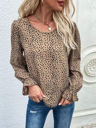 Leopard Round Neck Flounce Sleeve Blouse Blouses - Tophatter Daily Deals