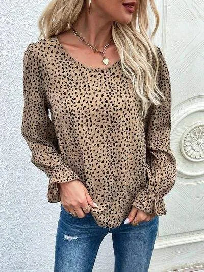 Leopard Round Neck Flounce Sleeve Blouse Blouses - Tophatter Daily Deals