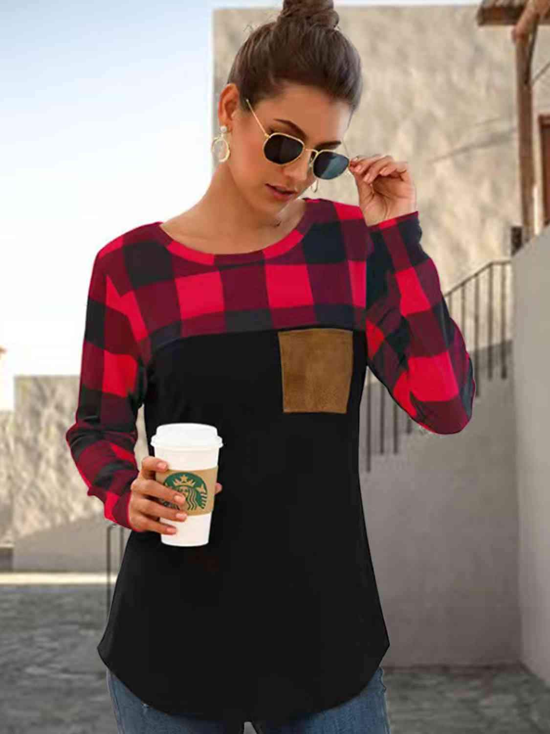 Plaid Round Neck Long Sleeve T-Shirt Women's T-Shirts - Tophatter Daily Deals