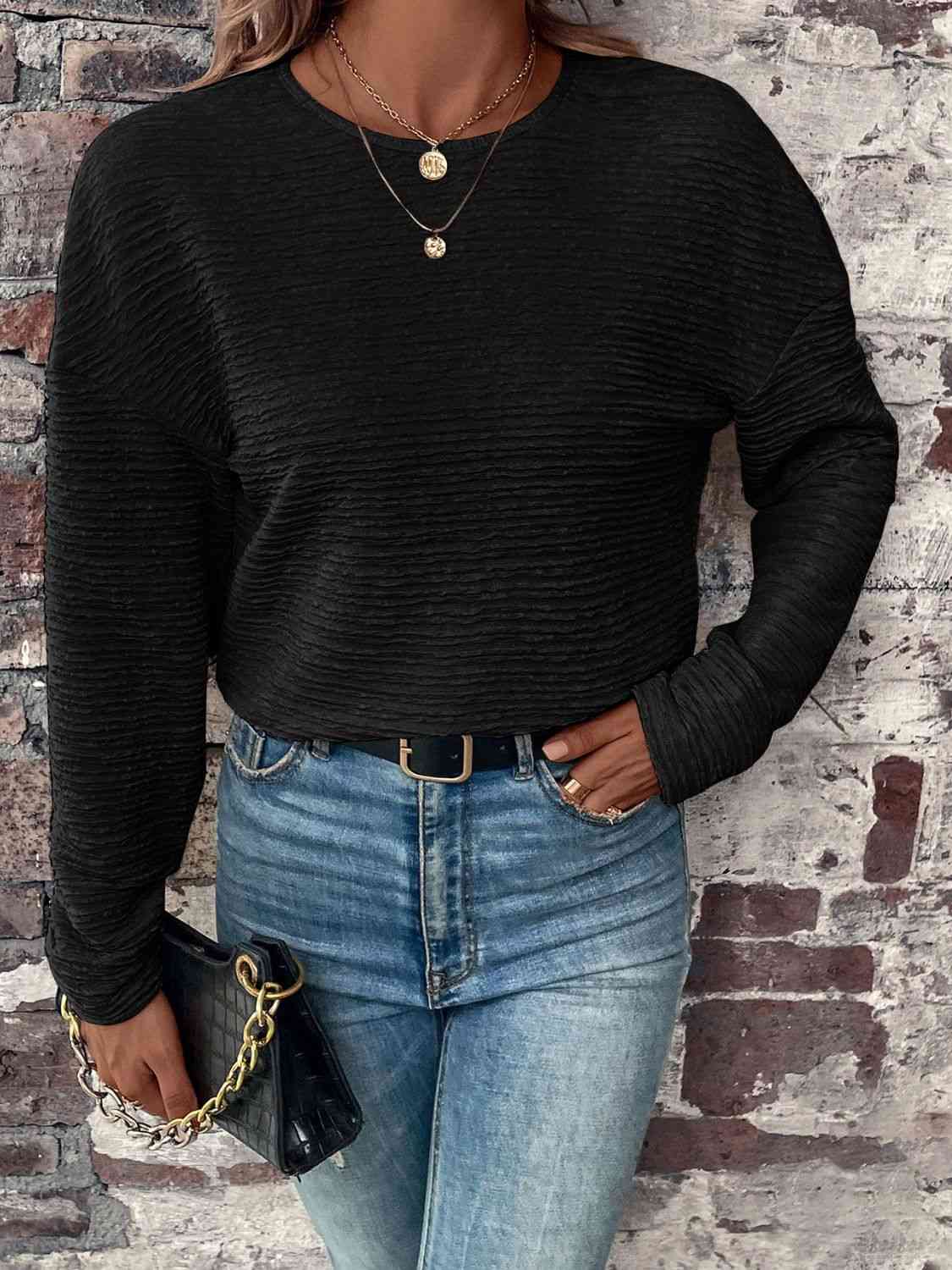 Textured Round Neck Dropped Shoulder Top - Uncle Tophatter Offers Only The Best Deals And Didcounts