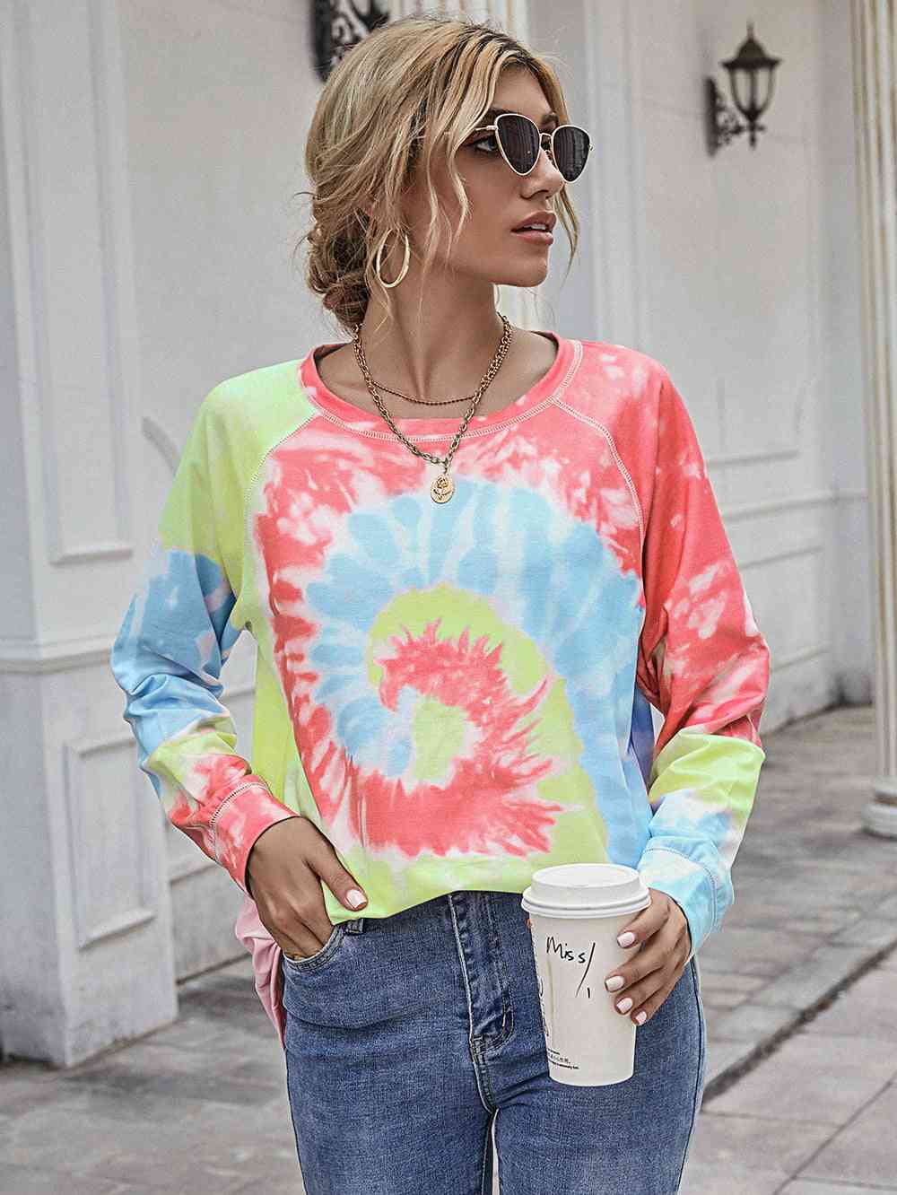 Printed Round Neck Raglan Sleeve Tee Women's T-Shirts - Tophatter Daily Deals