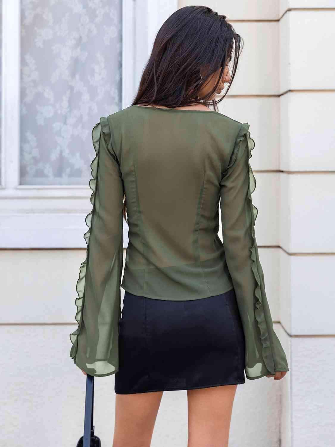 Ruffled V-Neck Long Sleeve Top Blouses - Tophatter Daily Deals