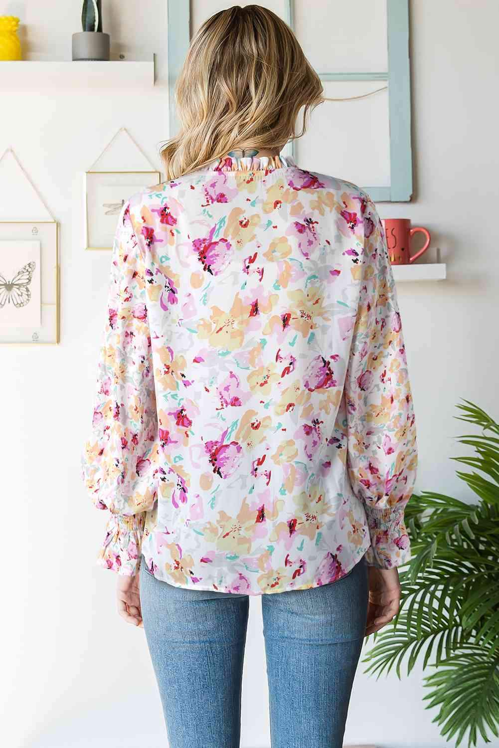 Floral Frill Trim Tie Neck Flounce Sleeve Blouse Blouses - Tophatter Daily Deals