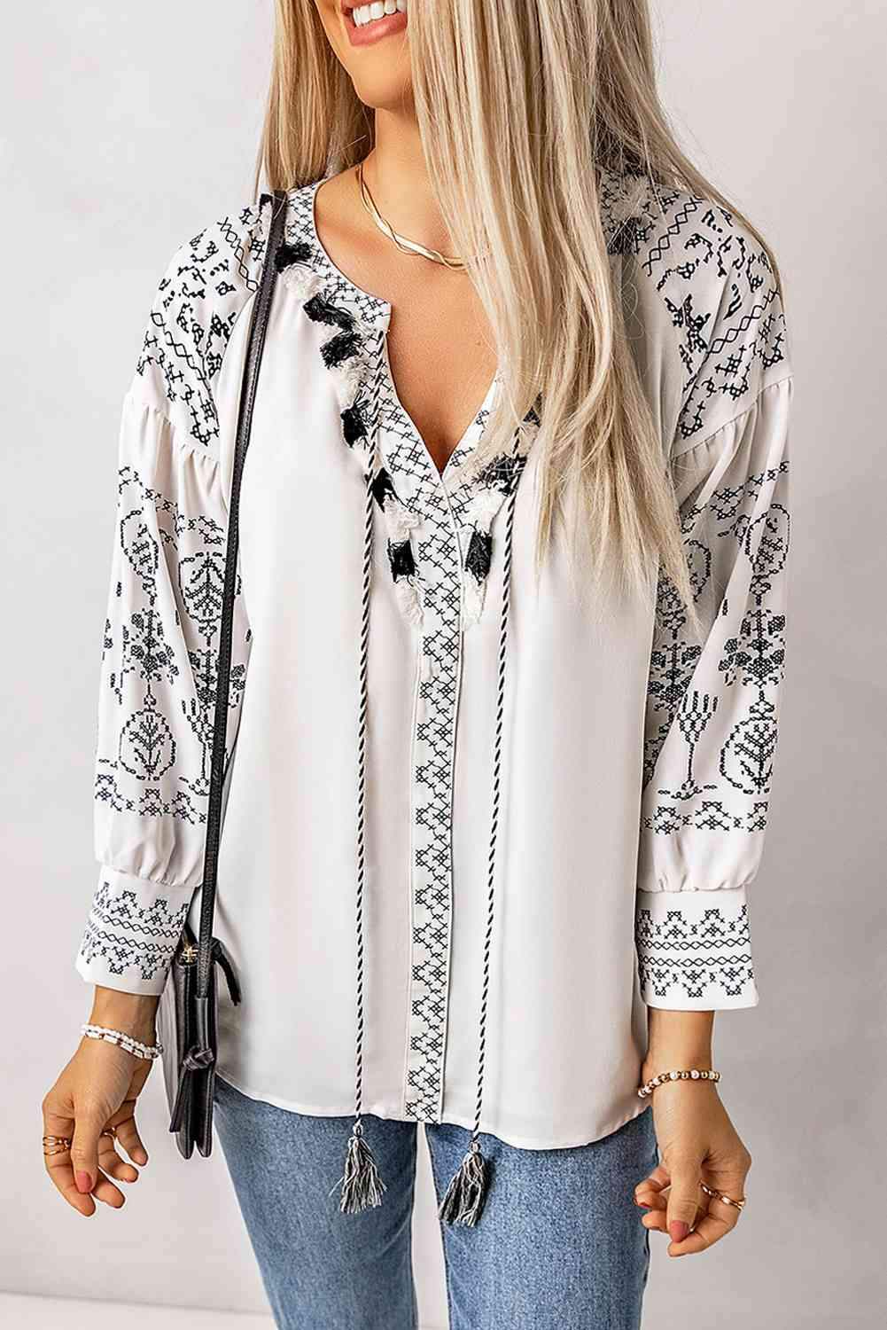 Printed Tassel Tie Puff Sleeve Blouse White Blouses - Tophatter Daily Deals