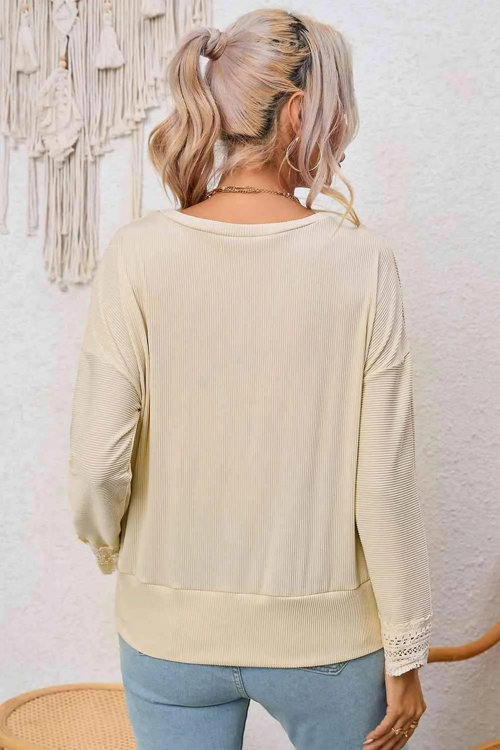 Spliced Lace V-Neck Ribbed Top Women's T-Shirts - Tophatter Daily Deals