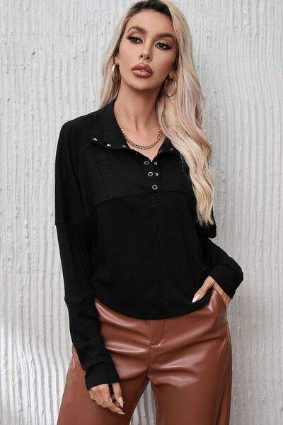 Ribbed Knit Henry Collar Loose Fitting Long Sleeve Top Black Blouses - Tophatter Daily Deals