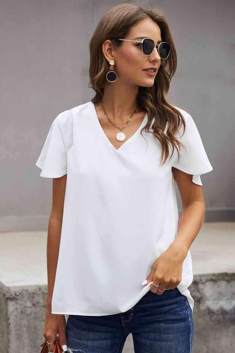 V-Neck Flutter Sleeve Blouse Blouses - Tophatter Daily Deals