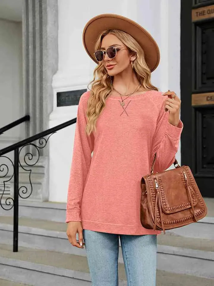 Round Neck Long Sleeve T-Shirt Peach Women's T-Shirts - Tophatter Daily Deals