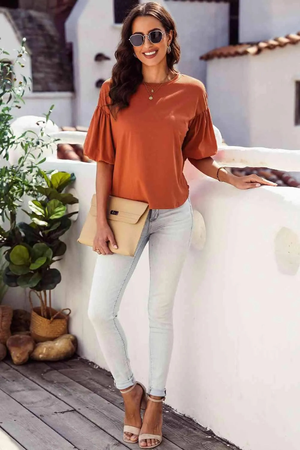 Puff Sleeve Curved Hem Blouse Blouses - Tophatter Daily Deals