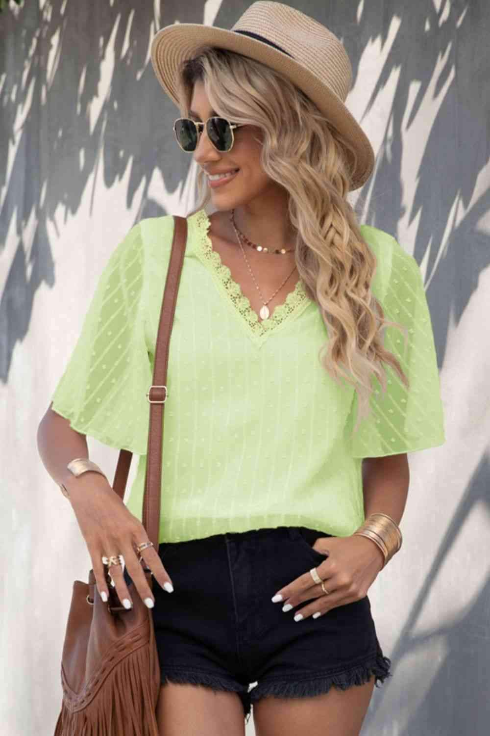 Swiss Dot Lace Trim Flutter Sleeve V-Neck Blouse Light Green Blouses - Tophatter Daily Deals