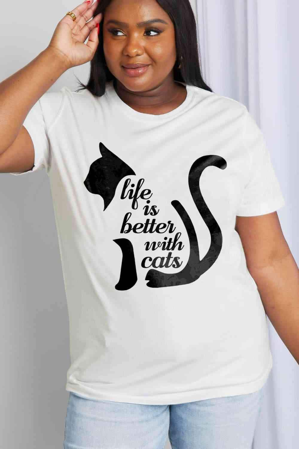 Simply Love Simply Love Full Size LIFE IS BETTER WITH CATS Graphic Cotton Tee Women's T-Shirts - Tophatter Daily Deals