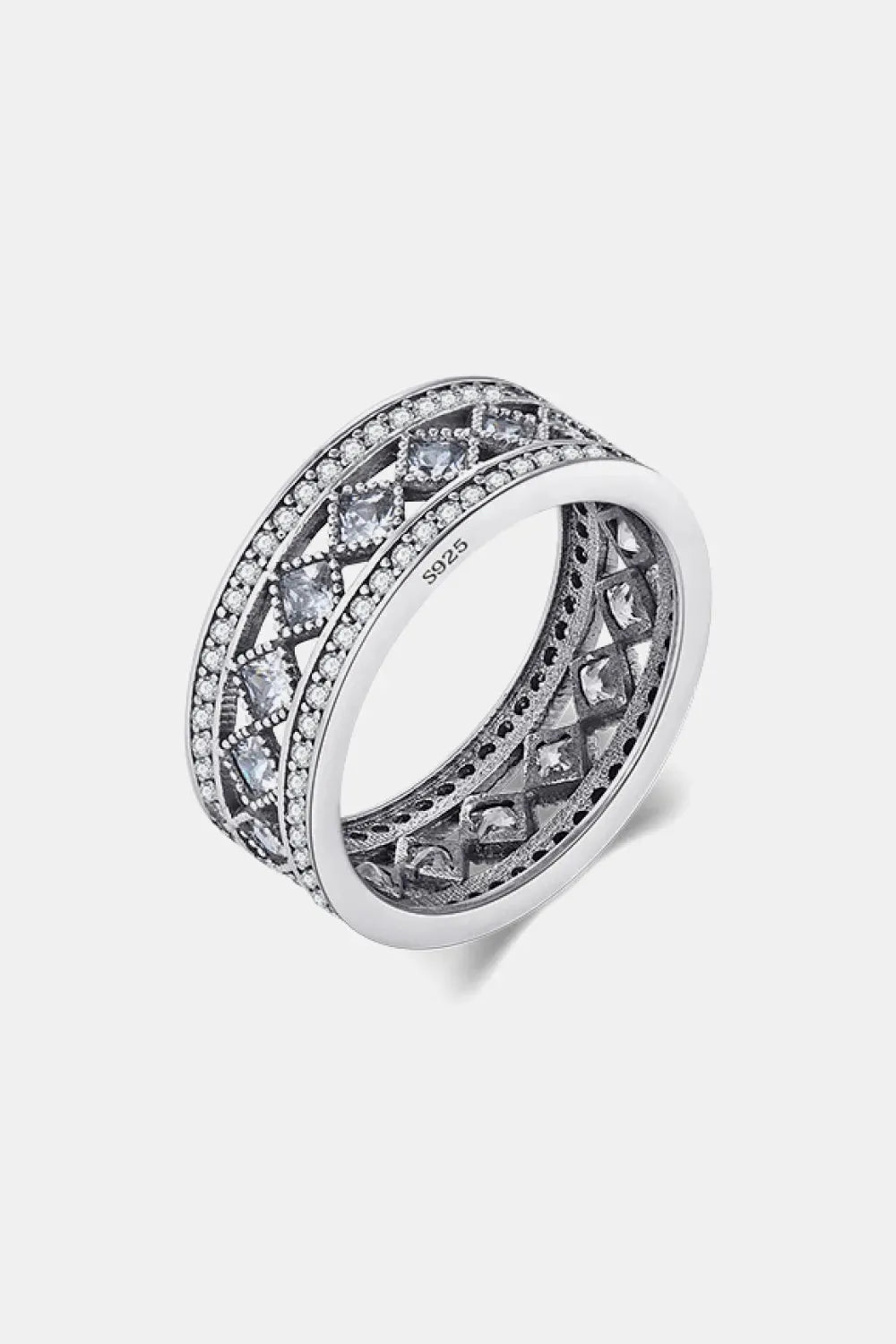 925 Sterling Silver Cutout Cubic Zirconia Ring Silver Rings - Tophatter Daily Deals