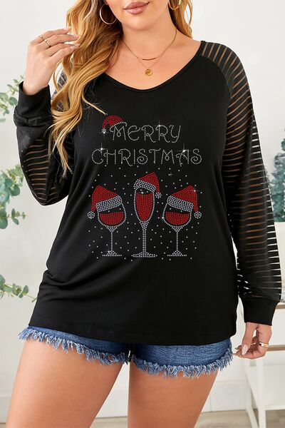 Plus Size MERRY CHRISTMAS Striped Long Sleeve T-Shirt Black Women's T-Shirts - Tophatter Daily Deals