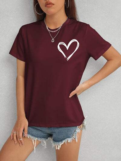 Heart Round Neck Short Sleeve T-Shirt Wine Women's T-Shirts - Tophatter Daily Deals