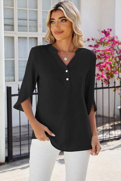 Notched Half Button T-Shirt Black Women's T-Shirts - Tophatter Daily Deals