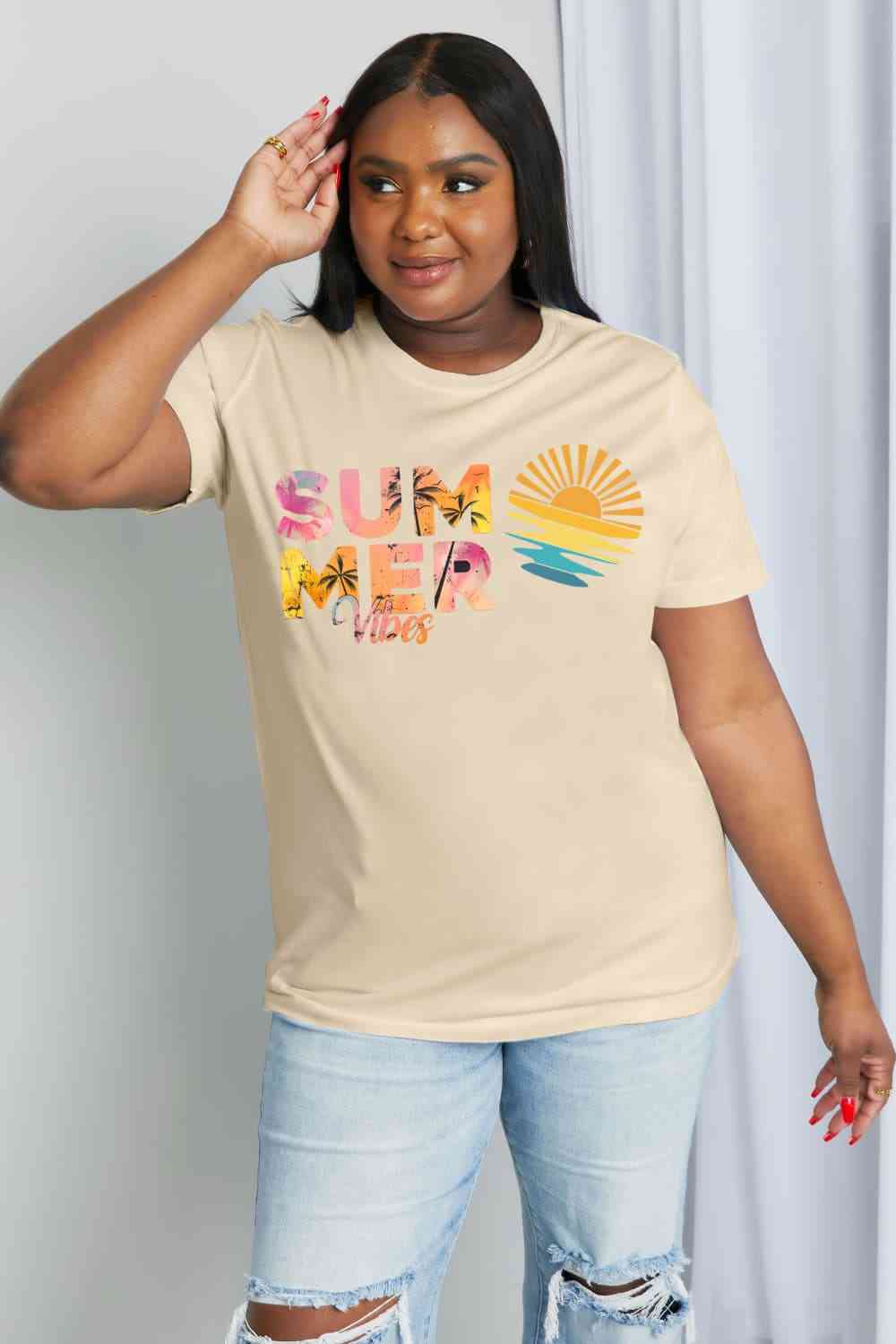 Simply Love Full Size SUMMER VIBES Graphic Cotton Tee Women's T-Shirts - Tophatter Daily Deals