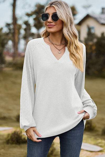 Eyelet Notched Raglan Sleeve T-Shirt White Women's T-Shirts - Tophatter Daily Deals