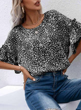 Leopard Round Neck Frill Trim Blouse Blouses - Tophatter Daily Deals