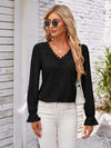 Applique V-Neck Flounce Sleeve T-Shirt Black Women's T-Shirts - Tophatter Daily Deals