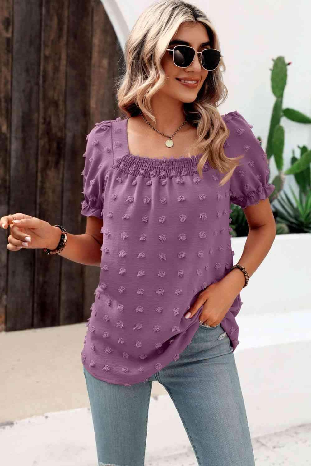 Swiss Dot Puff Sleeve Square Neck Blouse Lilac Blouses - Tophatter Daily Deals