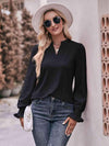 Double Take Eyelet Notched Neck Flounce Sleeve Blouse Black Blouses - Tophatter Daily Deals