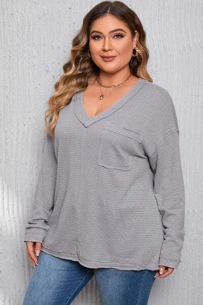 Plus Size Waffle-Knit V-Neck Dropped Shoulder T-Shirt Women's T-Shirts - Tophatter Daily Deals